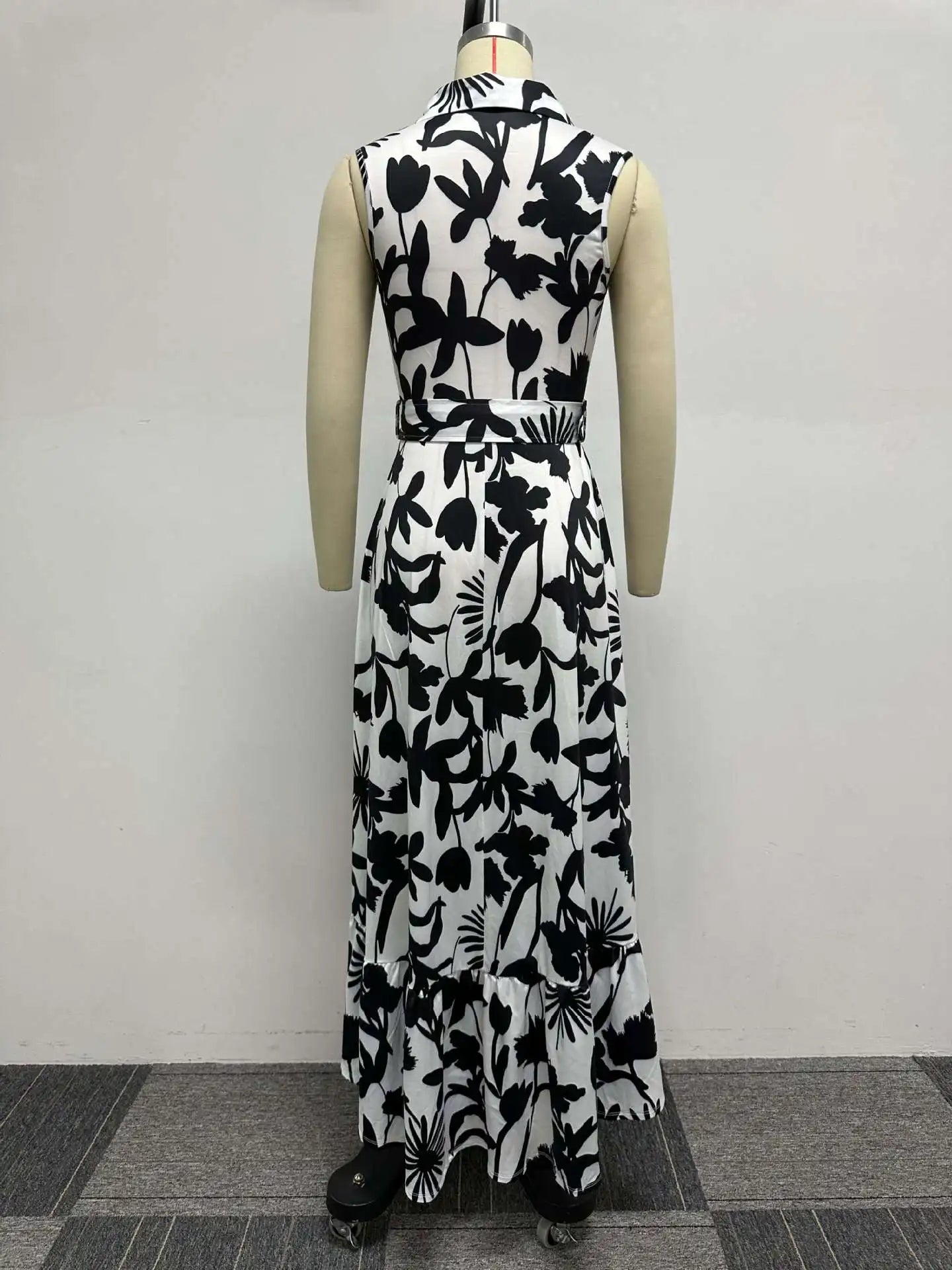 Slim Printed Sleeveless Ruffle Waist Swing Dress.