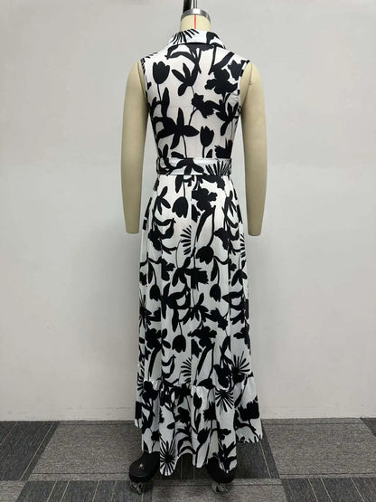 Slim Printed Sleeveless Ruffle Waist Swing Dress.