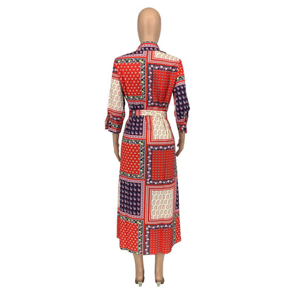 Turndown Collar Geometric Print Shirt Long Sleeve Ankle Length Maxi Dress.