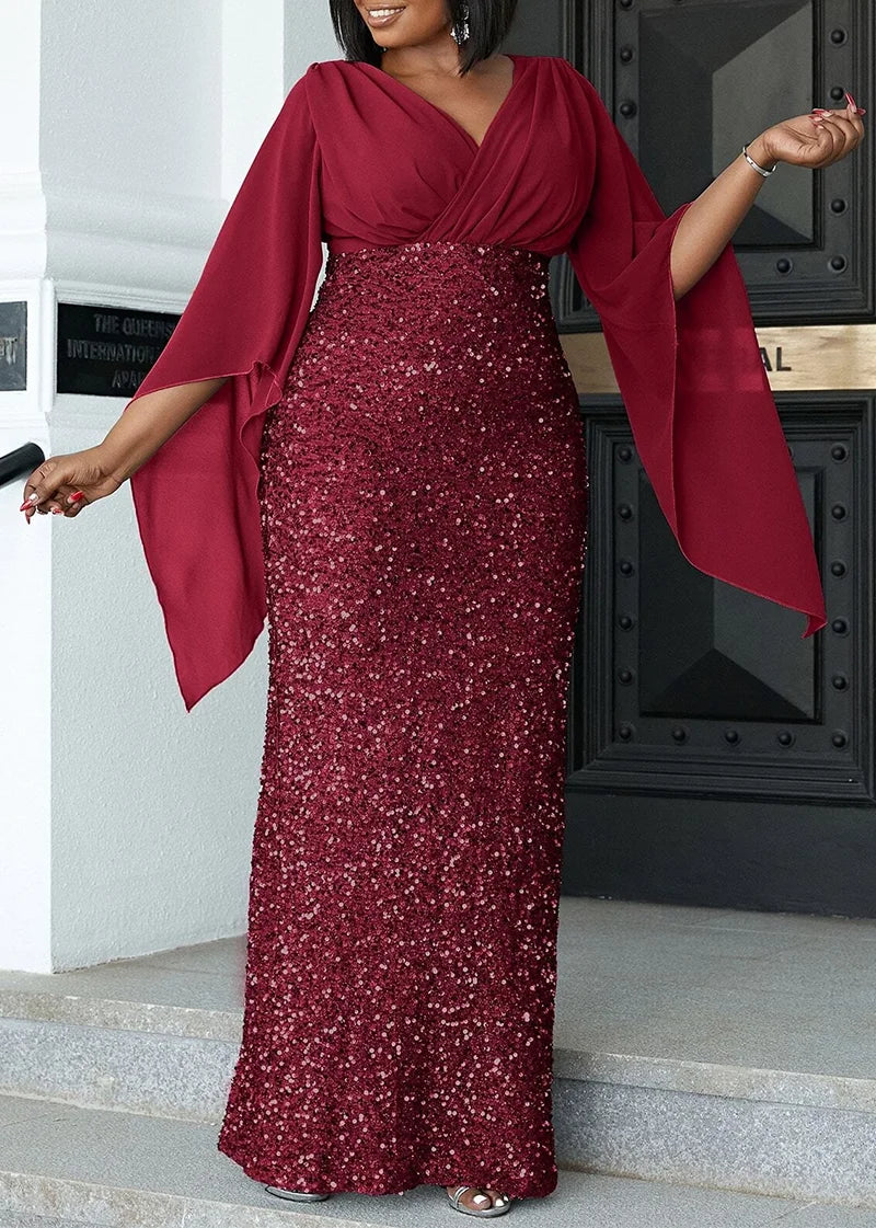 Plus Size Shiny Chiffon Midi V Neck Dress.