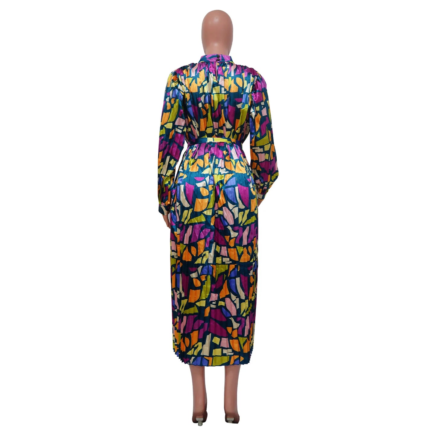 Printed Long Sleeves Pressed Pleated Dress.