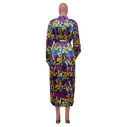 Printed Long Sleeves Pressed Pleated Dress.