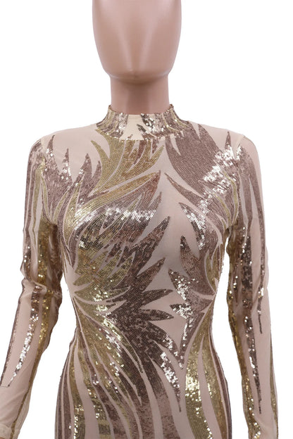 Printed Sequin Mesh Long Sleeve Wrap Hip Mini Evening Dress.