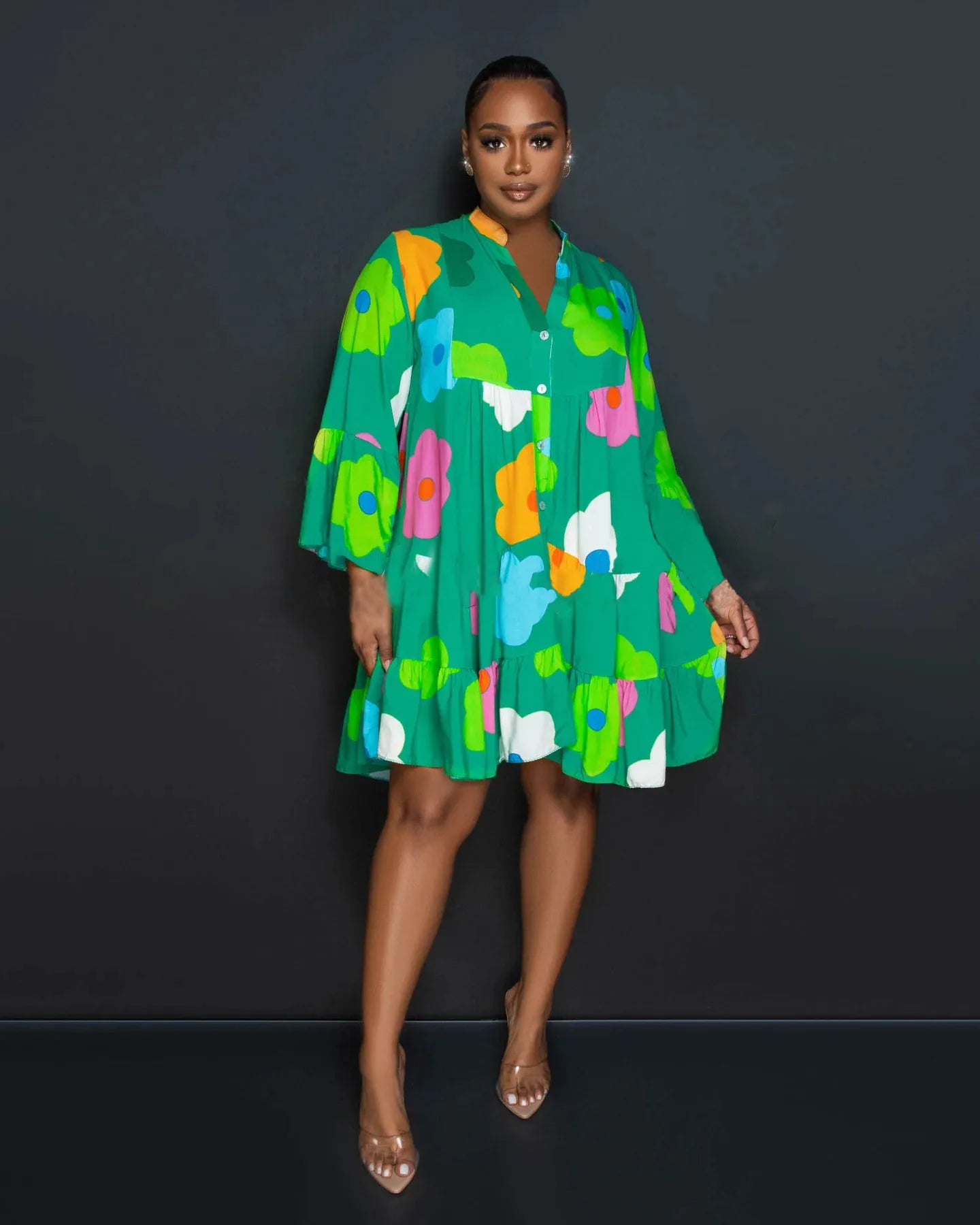 Painted Printing V-neck Long-sleeved Half-length Dress.