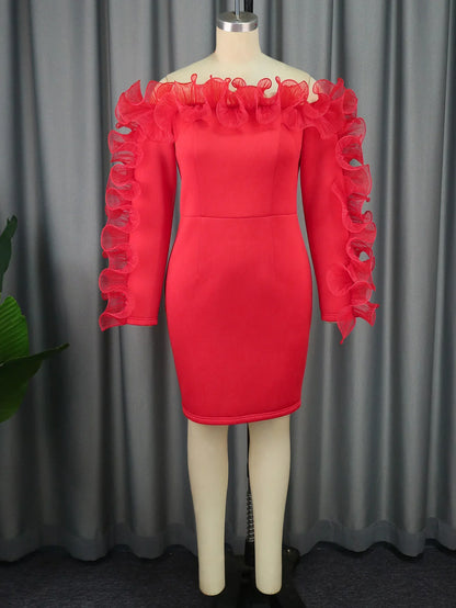 Red Skinny Sexy Slash Neck Ruffles Midi Dress.