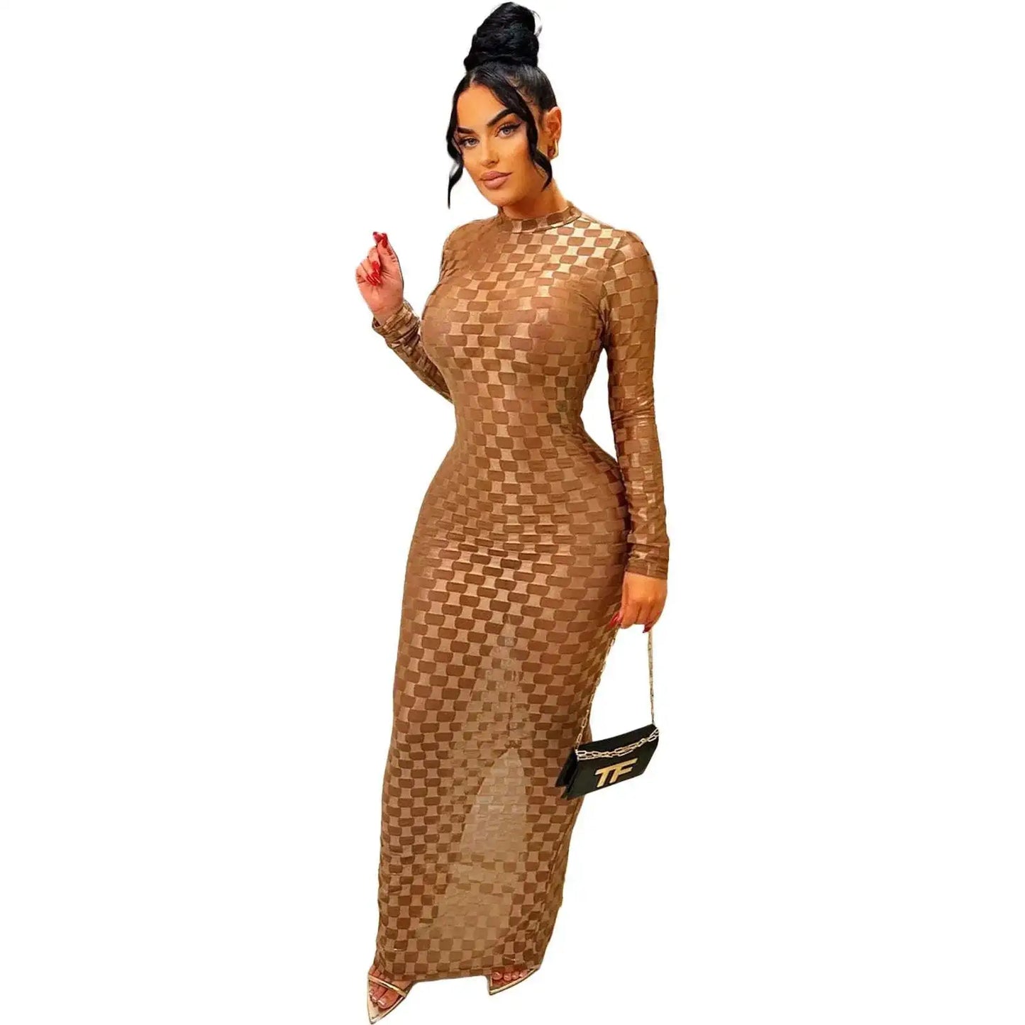 Slim Fit Elastic Mesh Round Neck Dress.