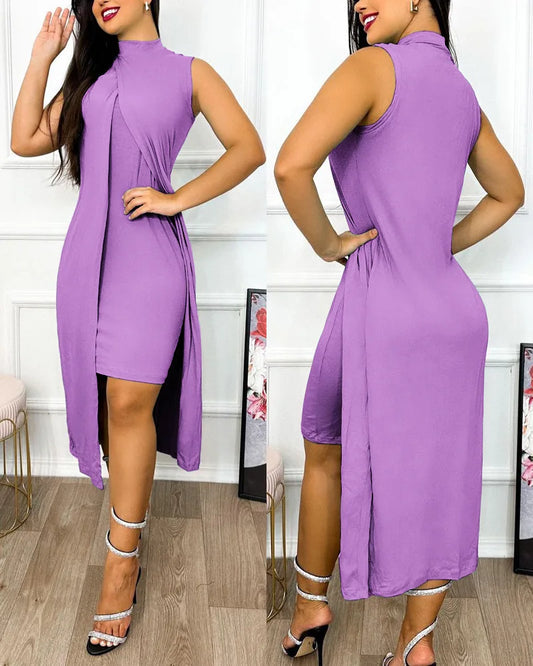 Sleeveless Irregular Round Neck Sleeveless Split Dress.