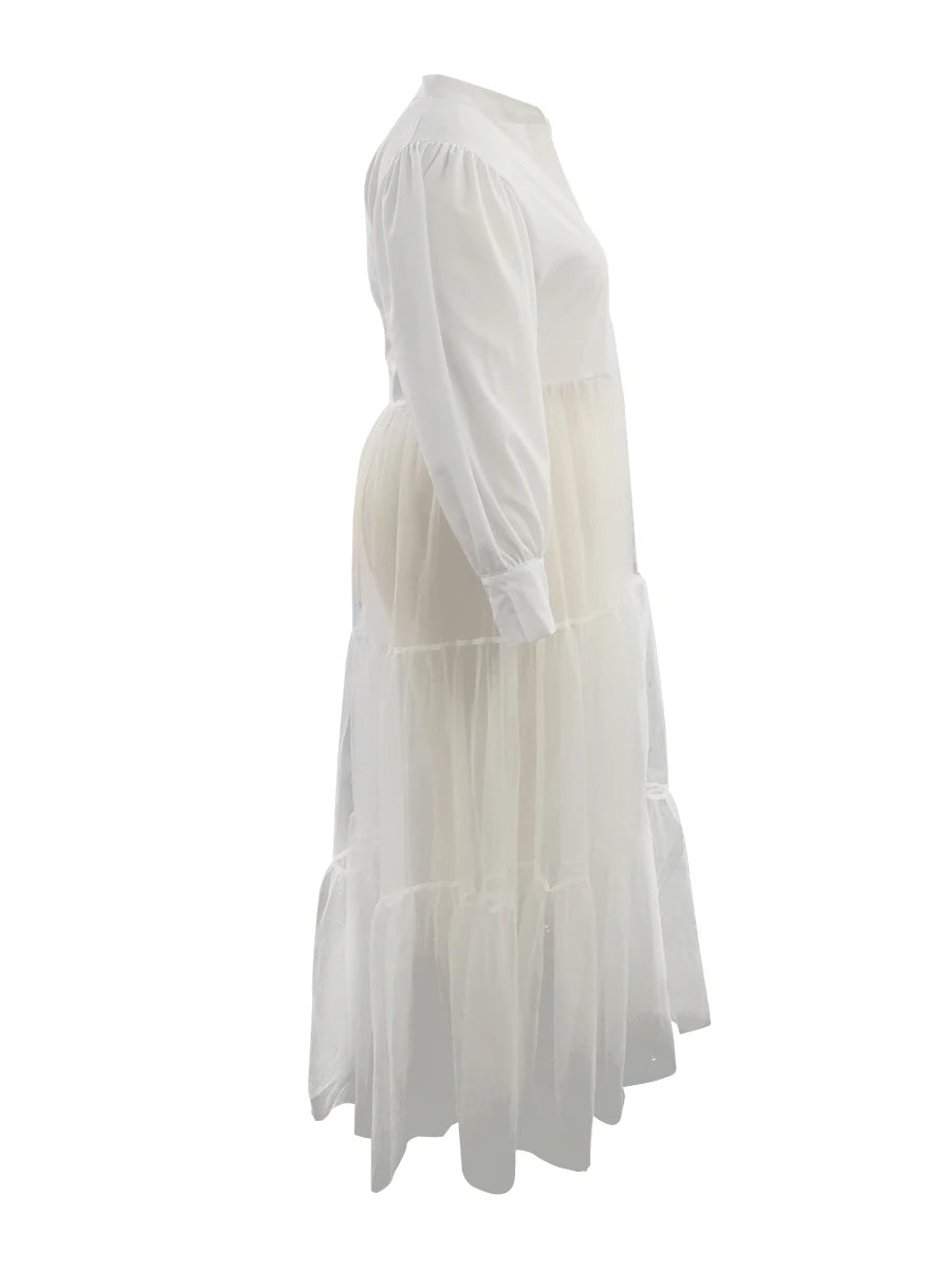 Trendy Patchwork See-through White Maxi Dress.