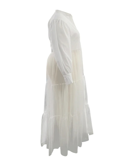 Trendy Patchwork See-through White Maxi Dress.