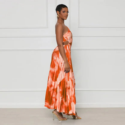 Oblique Single Shoulder Pleated Print Long Dress.