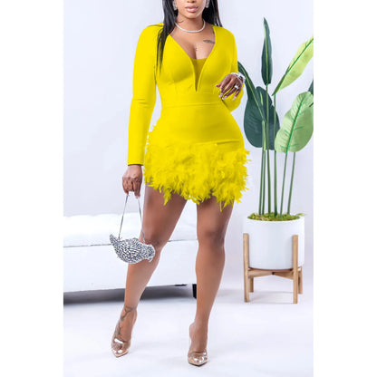 Women Sexy V Neck Long Sleeve Feather Dress.