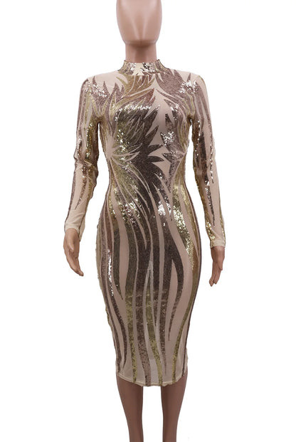 Printed Sequin Mesh Long Sleeve Wrap Hip Mini Evening Dress.