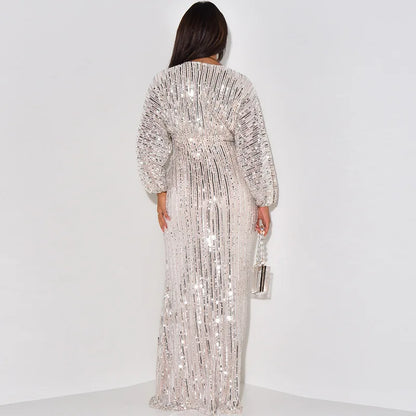 Waist Wrapped V-Neck Sequins Long Sleeve Long Dress.