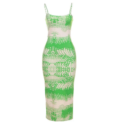 Printing Fashion Sling Backless Dress.