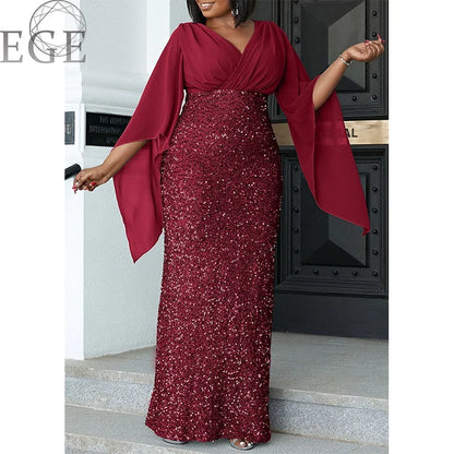 Plus Size Shiny Chiffon Midi V Neck Dress.