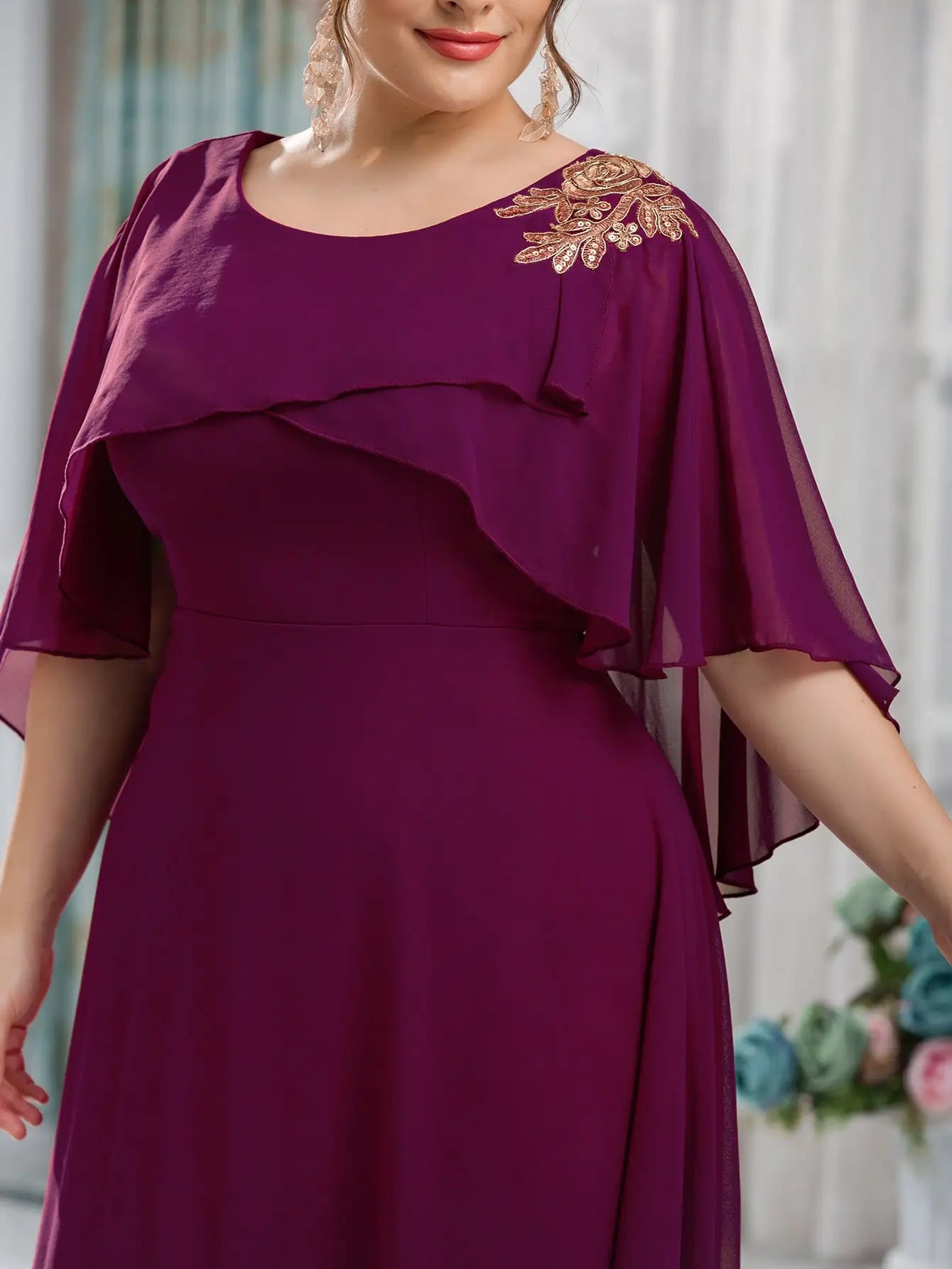 Plus Size Mesh A-Line Sequin Embroidery Evening Dress.