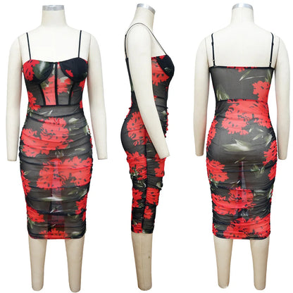 Wrapped Hip with Hanging Strap Printed Waist Wrapping Dress.