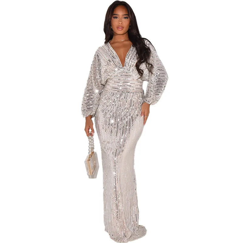 Waist Wrapped V-Neck Sequins Long Sleeve Long Dress.