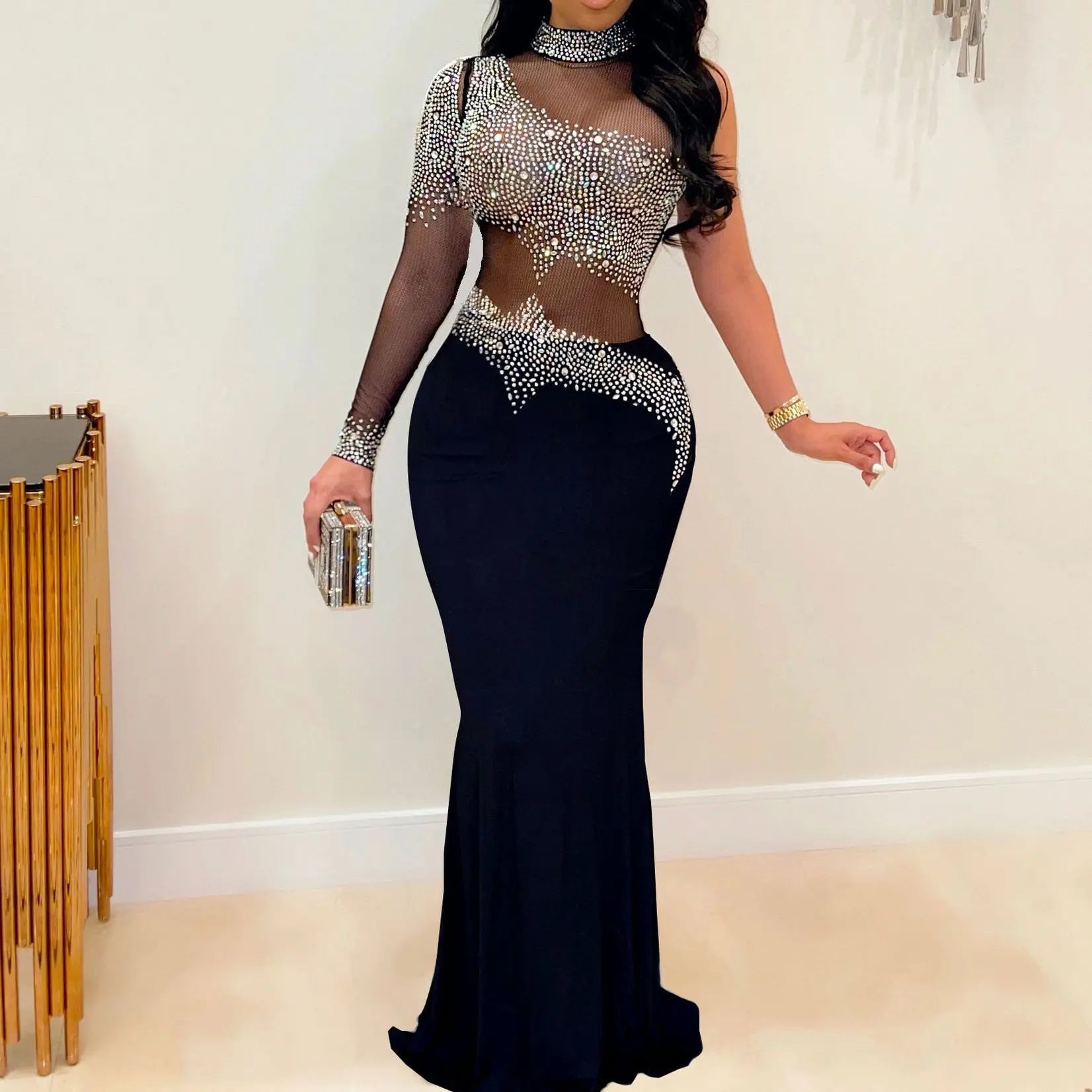 Rhinestone Sheer Luxury Patchwork Long Dress.