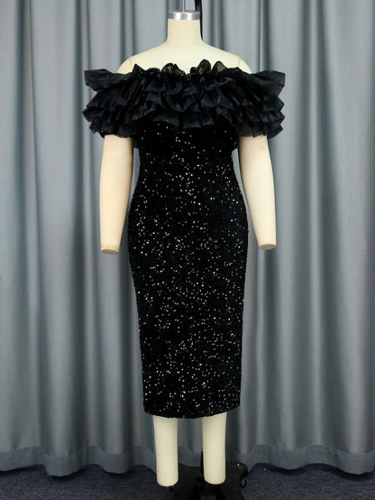 Women Classy Off Shoulder Black Sequin Dress.