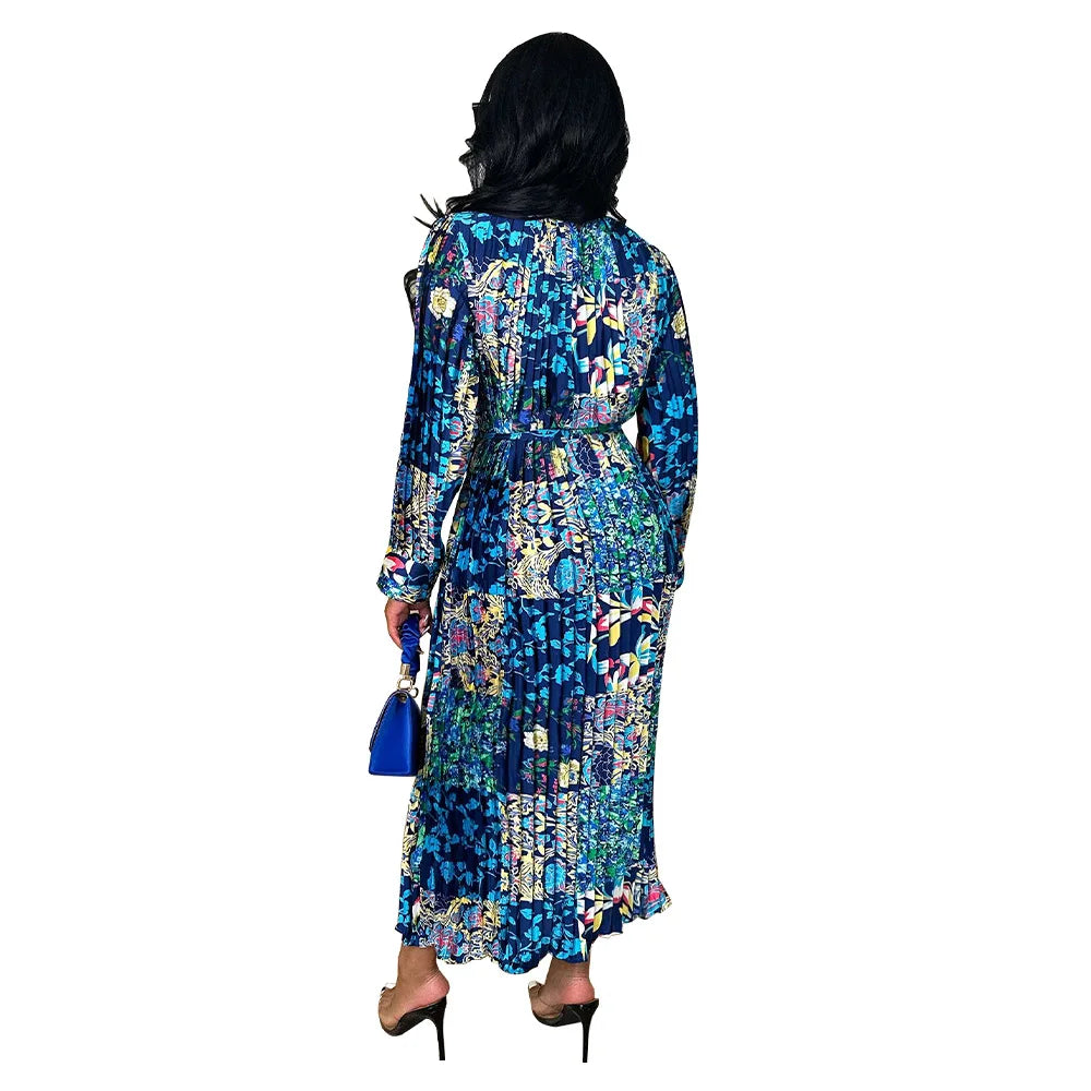 Printed Long Sleeves Pressed Pleated Dress.