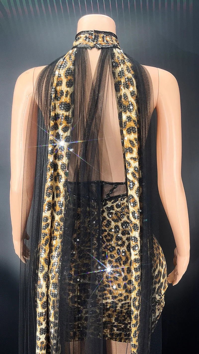 Leopard Print Tight Fitting Cape Dress.