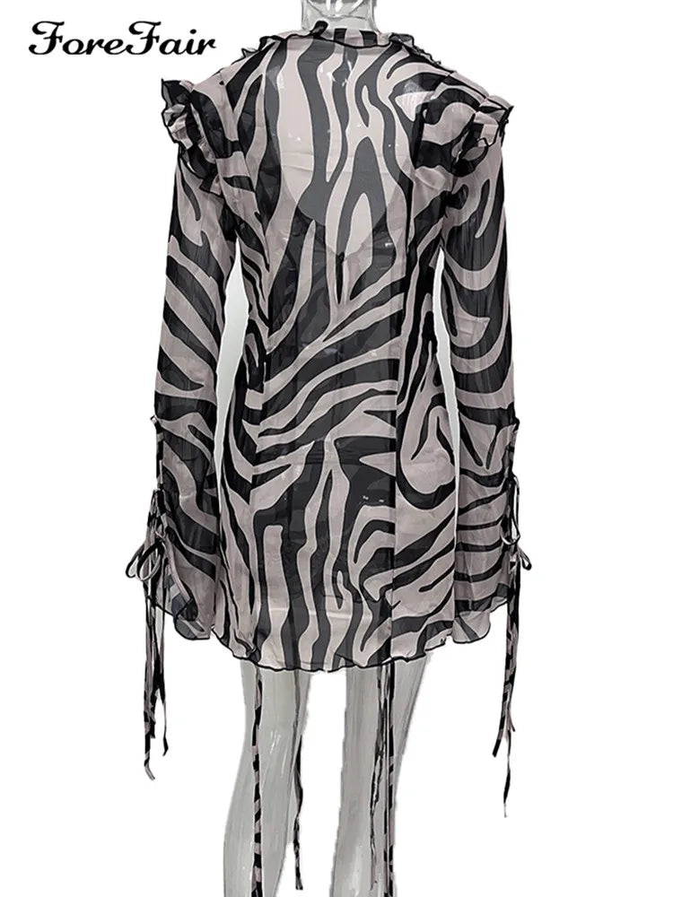 Zebra Print Mini Beach See Through Mesh Dress.