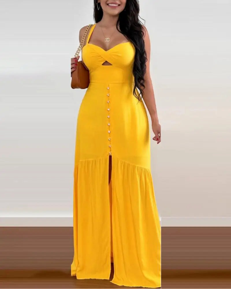 Hanging Strap Back Slim Fit Hollow Out Long Dress.