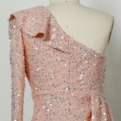 One Shoulder Sequins Dress.