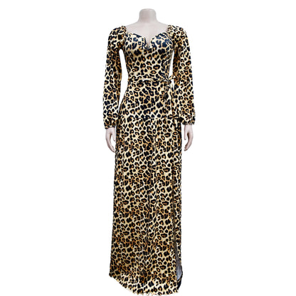 Leopard Print V Neck Wrapped Evening Dress.