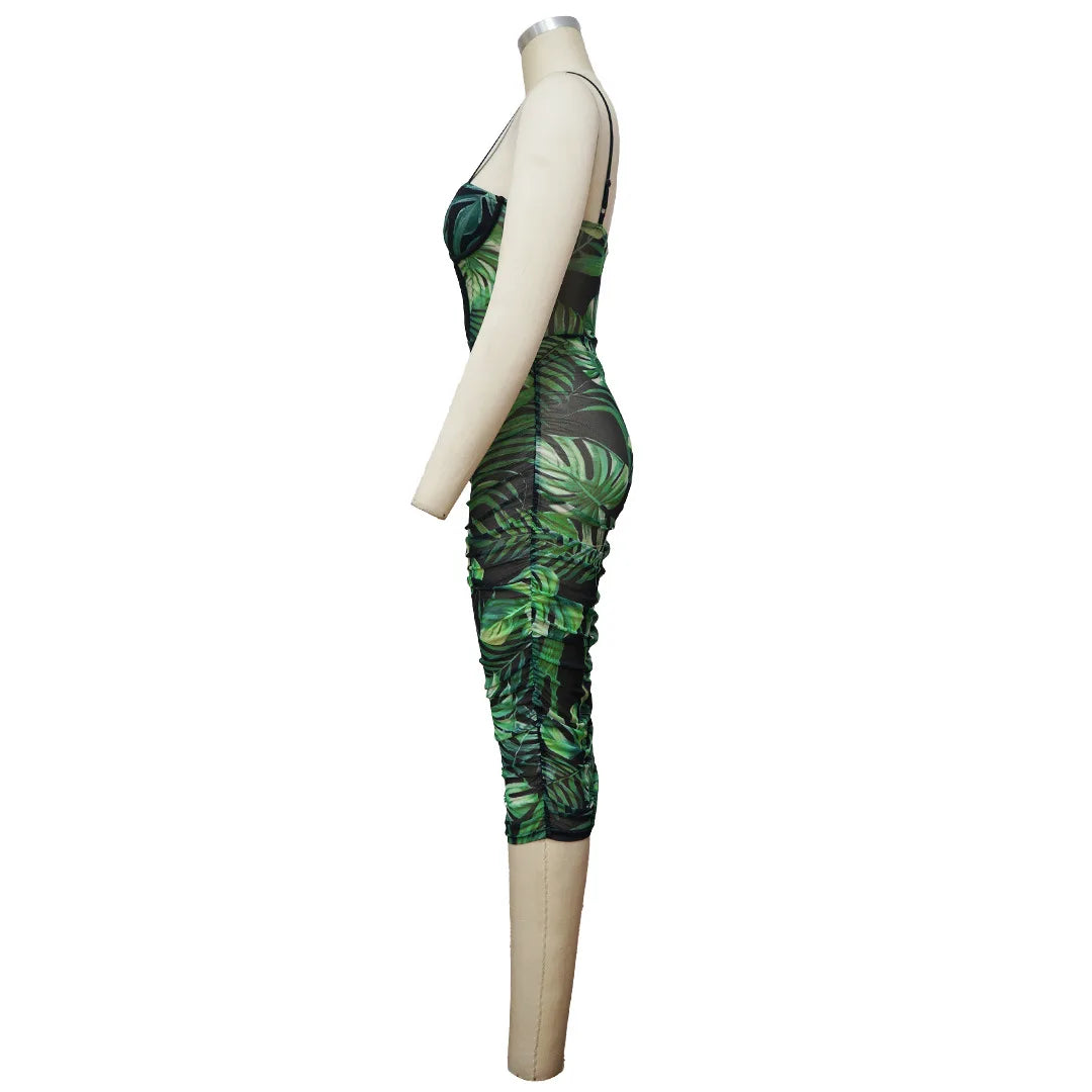 Wrapped Hip with Hanging Strap Printed Waist Wrapping Dress.