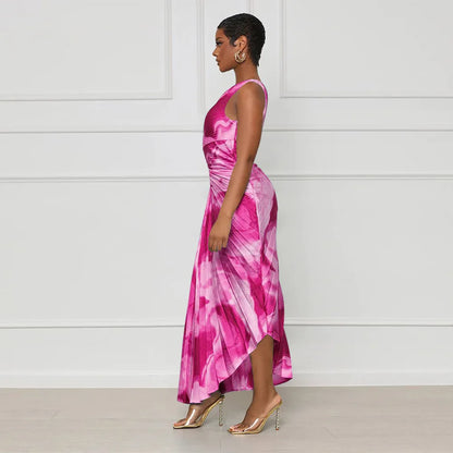 Oblique Single Shoulder Pleated Print Long Dress.
