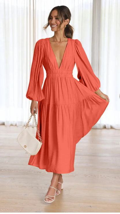 Slim Pleated V Neck Long Sleeve Dress.