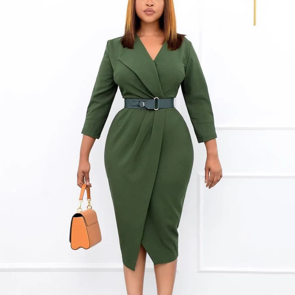 Office Ladies Elegant Solid Full Sleeve Turn Down Dress.