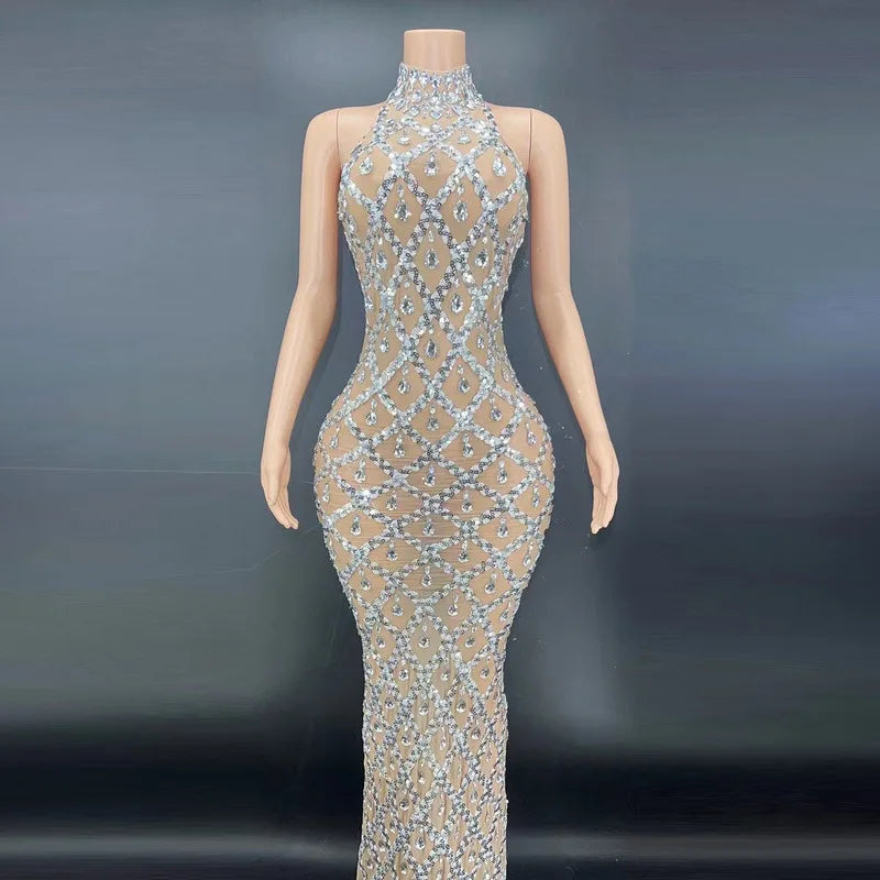 Silver Rhinestone Transparent Long Evening Dress.