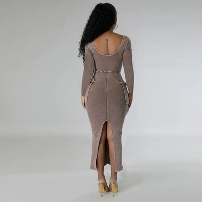 Long Sleeve Square Neck Slim Fit Split Dress.