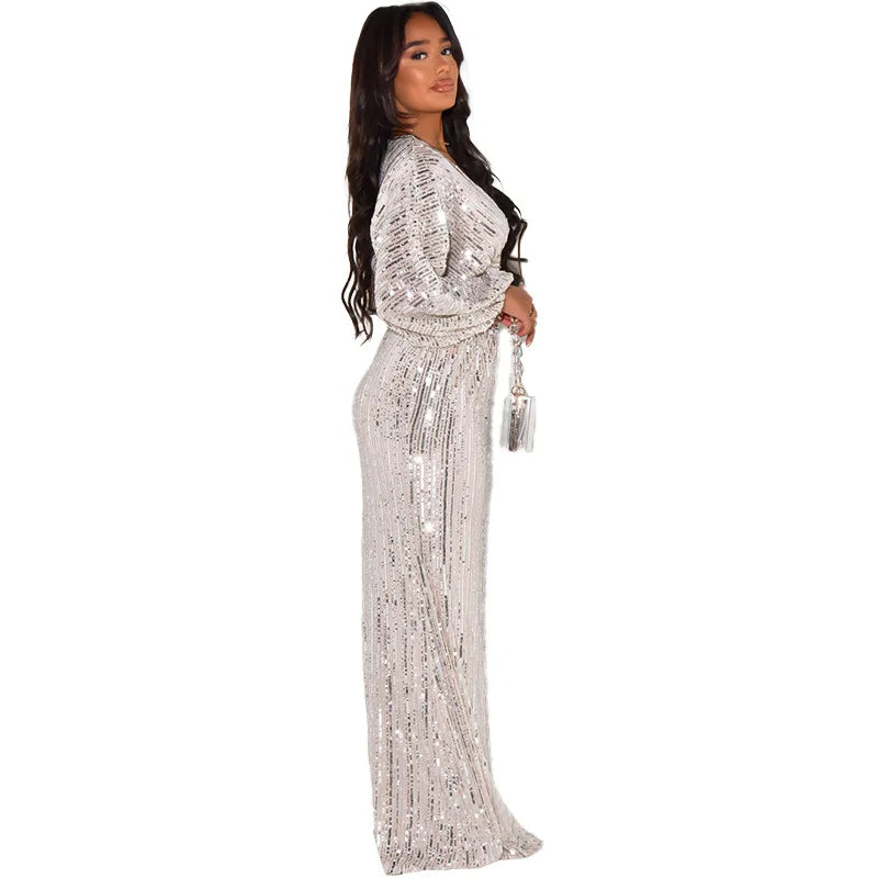 Waist Wrapped V-Neck Sequins Long Sleeve Long Dress.