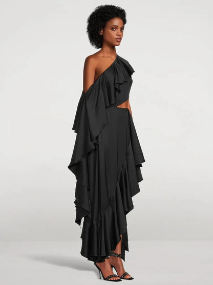 Sexy Asymmetric Ruffled Slanted Cut Out Dress.