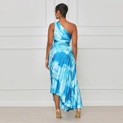 Oblique Single Shoulder Pleated Print Long Dress.