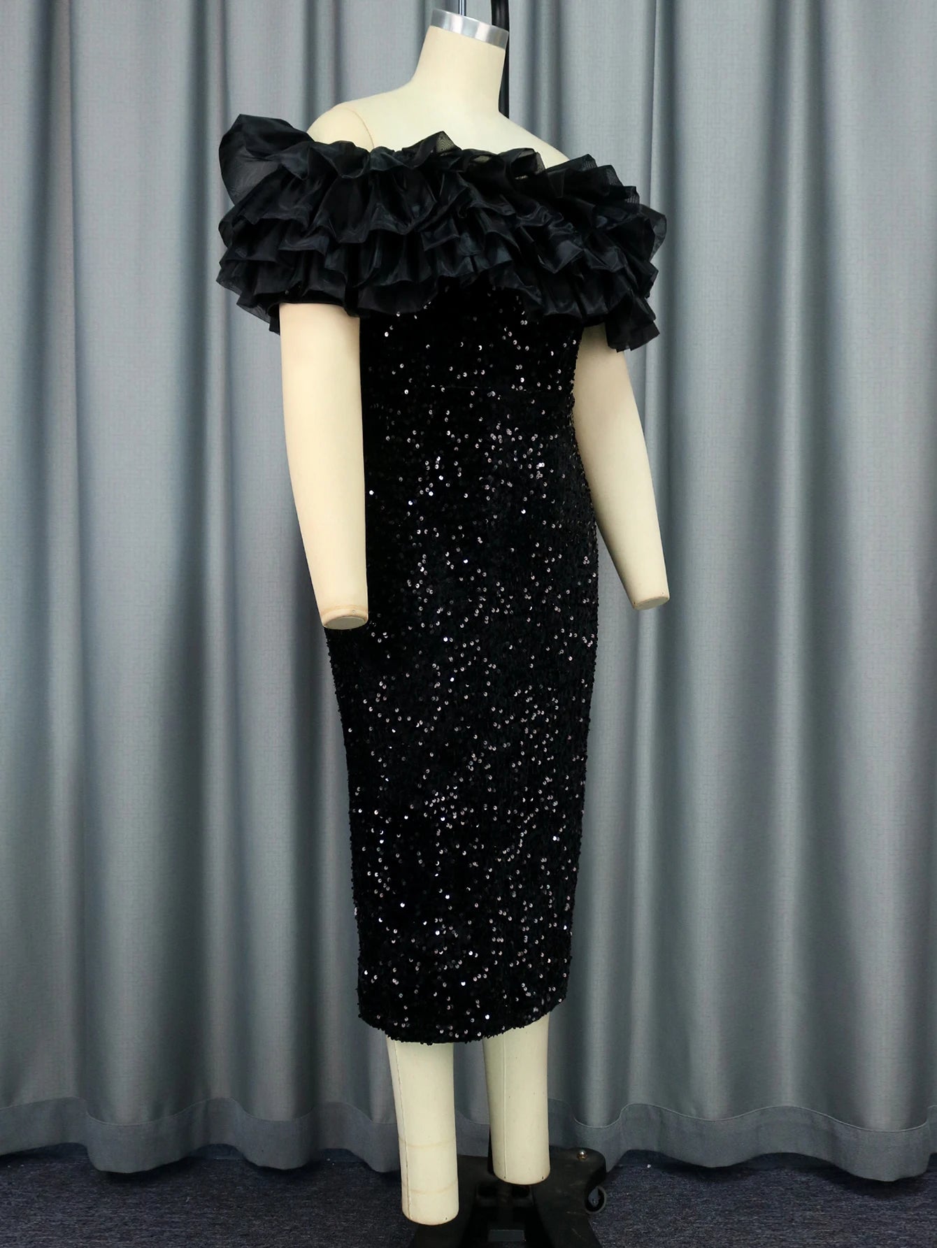 Women Classy Off Shoulder Black Sequin Dress.