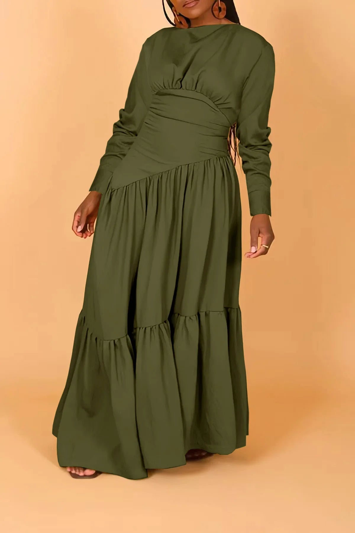 Pleated A-line Round Neck Long Sleeve High Waist Long Dress.