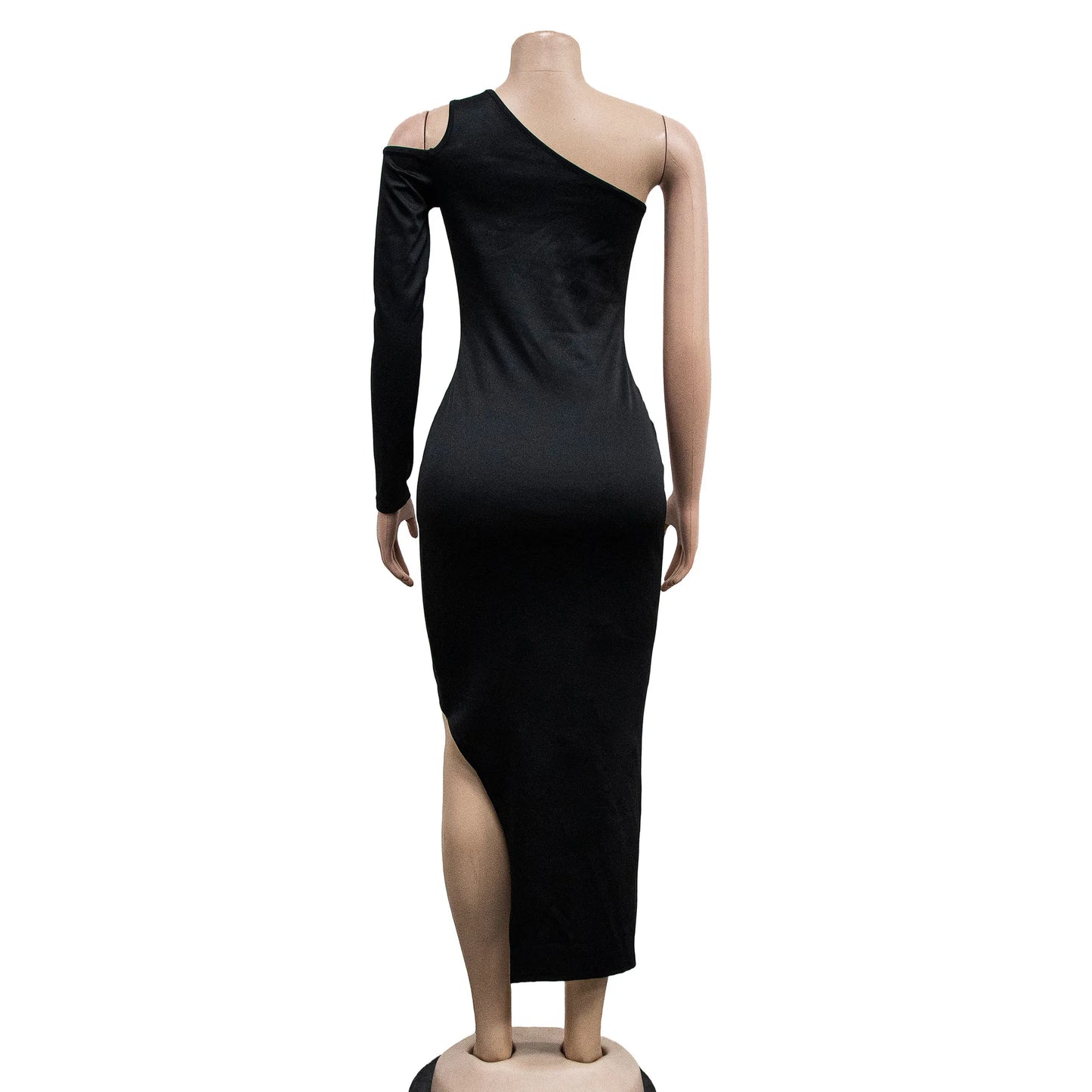 One Shoulder Mesh Long Sleeve Slit Evening Dress.