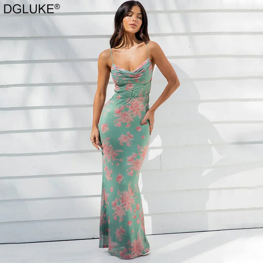 Spaghetti Strap Elegant Mermaid Floral Long Dress.