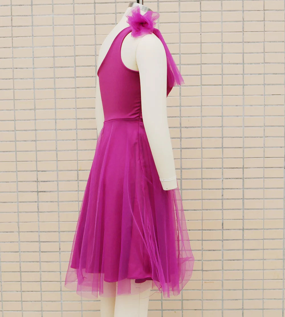 Single Shoulder Oblique Neck Bow Mesh A-line Dress.