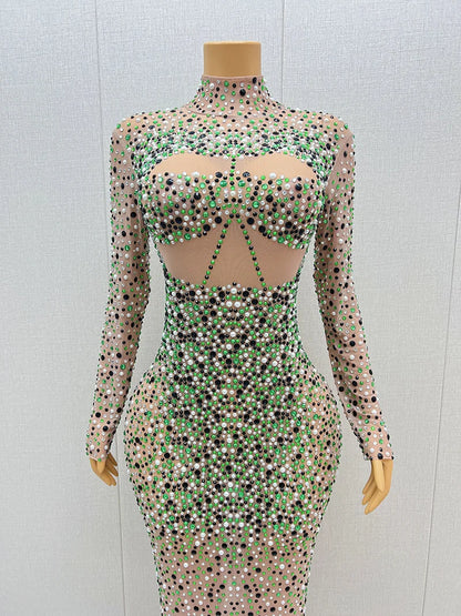 Rhinestones Mesh See Through Dress.