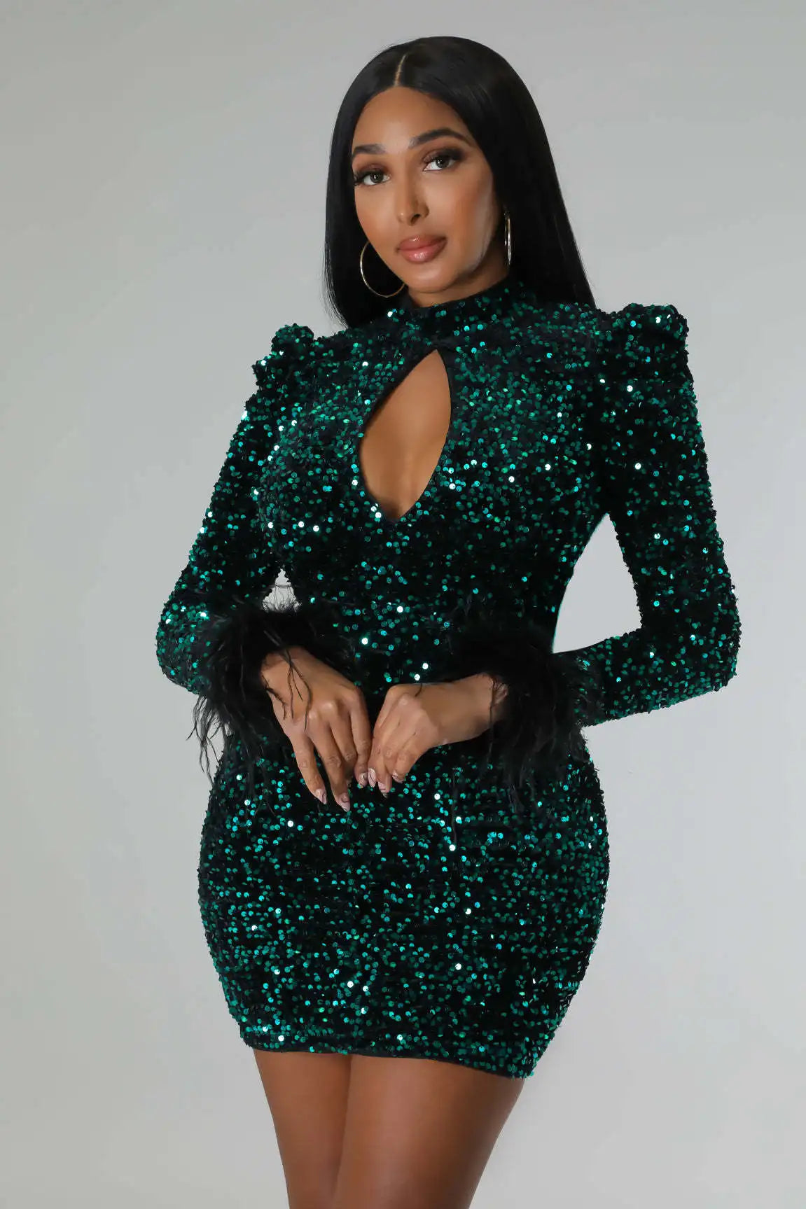 Sequins Lantern Sleeve Mini Dress.