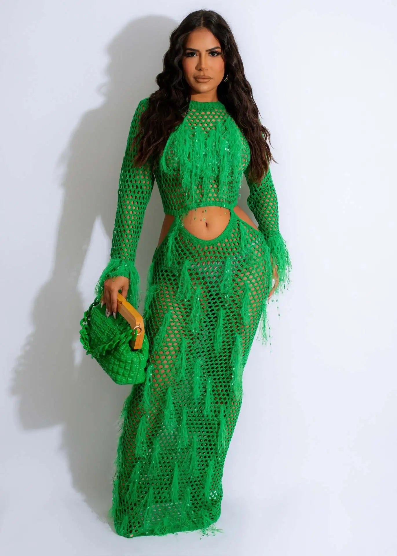 Tassel Knitted Hollow Sequins Long Dress.