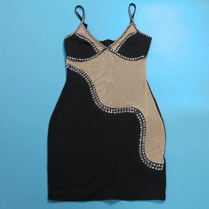 Rhinestone See Through Block Mini Spaghetti Strap Sheath Dress.