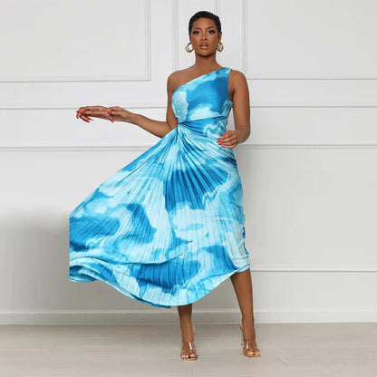 Oblique Single Shoulder Pleated Print Long Dress.