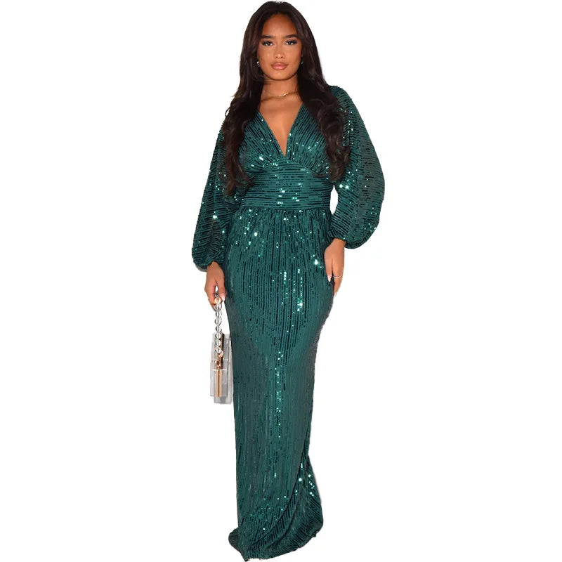 Waist Wrapped V-Neck Sequins Long Sleeve Long Dress.